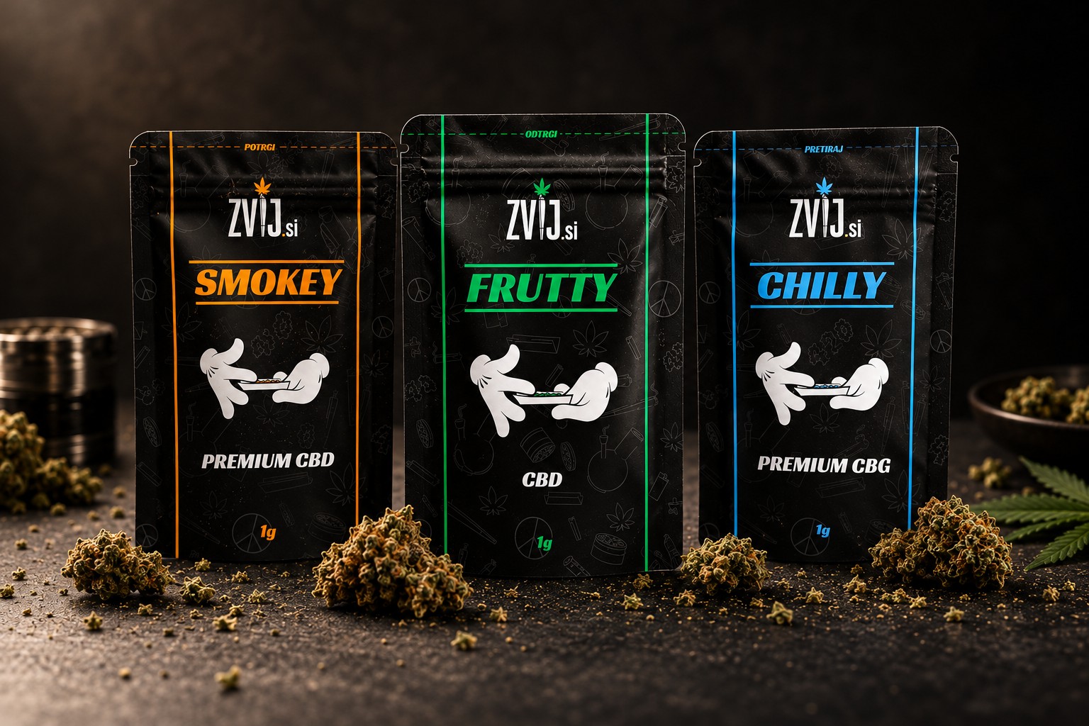 Smokey CBD, Frutty CBD in Chilly CBG vršički Zvij.si